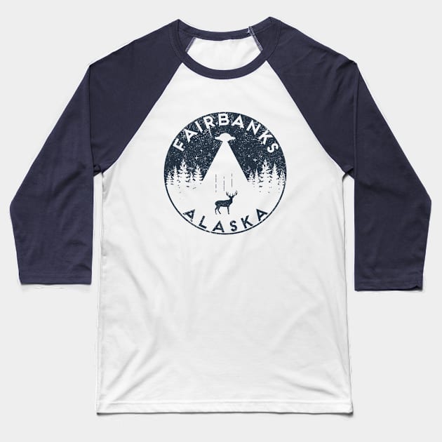 Fairbanks Alaska Funny Retro Spaceship Aliens Deer Souvenir Baseball T-Shirt by Pine Hill Goods